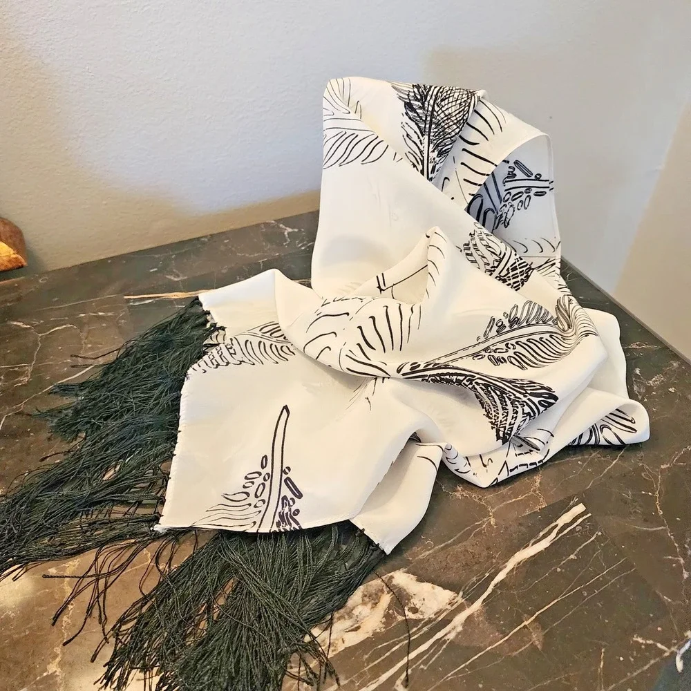Allison W Black and White Feather Print Silk Oblong scarf  48